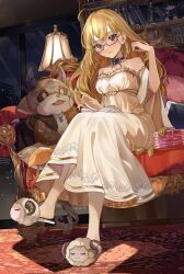 Rule 34 | 1girl, :3, ahoge, animal slippers, bad id, bad twitter id, bare shoulders, blonde hair, book, book on lap, book stack, bookshelf, bow, bowtie, breasts, city, collarbone, commentary request, couch, debidebi debiru, dress, eyewear strap, floor lamp, glass, glasses, grey-framed eyewear, hand in own hair, highres, horns, kirito, lampshade, long hair, looking at viewer, medium breasts, nijisanji, on couch, pillow, purple eyes, red carpet, shawl, sheep horns, shunka tunacan, sitting, sky, slippers, solo, star (sky), starry sky, strapless, strapless dress, stuffed animal, stuffed toy, swept bangs, sword art online, tablet pc, takamiya rion, turning page, very long hair, virtual youtuber, white dress, white shawl