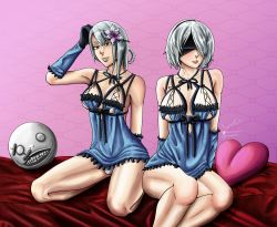 Rule 34 | 2girls, absurdres, bed, gloves, grey hair, highres, in-franchise crossover, kaine (nier), lingerie, long hair, looking at viewer, multiple girls, nier:automata, nier (series), nier reincarnation, rob012dostuff, self-upload, short hair, simple background, smile, time paradox, underwear, white hair, 2b (nier:automata)