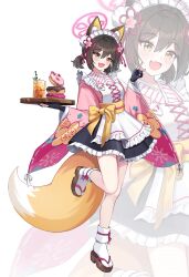Rule 34 | 1girl, absurdres, animal ear fluff, animal ears, apron, arm up, black gloves, black skirt, blue archive, brown eyes, cup, doughnut, drinking glass, fingerless gloves, food, fox ears, fox girl, fox shadow puppet, fox tail, full body, gloves, halo, highres, izuna (blue archive), japanese clothes, kimono, leg up, maid headdress, miniskirt, okobo, open mouth, pink kimono, prock, sandals, shadow puppet, short hair, short twintails, skirt, smile, socks, solo, standing, standing on one leg, tabi, tail, thighs, tray, twintails, waitress, white apron, white background, white socks, zoom layer