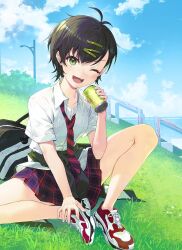 Rule 34 | 1girl, antenna hair, bag, black hair, black sweater, bush, can, character request, cloud, collarbone, day, fang, grass, green eyes, highres, holding, holding can, lamppost, nagu, necktie, novel illustration, official art, one eye closed, open mouth, outdoors, plaid, plaid skirt, railing, shirt, shoes, short hair, sitting, skirt, sky, sneakers, stairs, striped necktie, sweat, sweater, tenshi wa tansan shika nomanai, tied sweater, white shirt