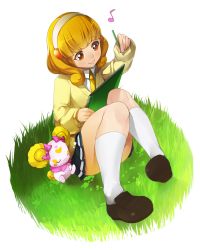 Rule 34 | 10s, 1girl, blonde hair, bow, candy (smile precure!), full body, grass, hairband, highres, hitoto, kise yayoi, long hair, orange eyes, pencil, pink bow, precure, school uniform, sitting, sketchbook, skirt, smile precure!, transparent background, white hairband, yellow eyes
