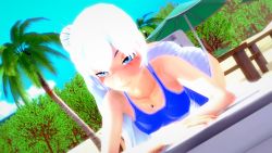 Rule 34 | 1girl, 3d, ass, beach, beach umbrella, blue eyes, breasts, highres, huge ass, jewelry, long hair, looking at viewer, lying, necklace, on stomach, palm tree, ponytail, rwby, sky, small breasts, smile, solo, tree, umbrella, unski113d, weiss schnee, white hair