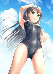 Rule 34 | 10s, 1girl, black hair, competition swimsuit, ek masato, from below, goggles, goggles on head, green eyes, idolmaster, idolmaster cinderella girls, long hair, one-piece swimsuit, school swimsuit, shibuya rin, solo, swimsuit