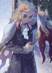 Rule 34 | 1boy, animal, animal in clothes, belt, belt buckle, black jacket, black pants, blonde hair, buckle, cape, cat, closed mouth, forked eyebrows, highres, improvised umbrella, jacket, kimetsu no yaiba, long sleeves, looking down, male focus, multicolored hair, open clothes, open jacket, pants, red eyes, red hair, remsor076, rengoku kyoujurou, sheath, sheathed, smile, snowing, solo, sword, two-tone hair, uniform, weapon, white cape, winter