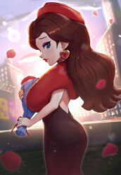 Rule 34 | 1girl, ass, blue eyes, bouquet, brown hair, city, day, donkey kong (series), dress, earrings, eyeshadow, falling petals, flower, from side, gonzarez, hat, heart, heart earrings, highres, holding, holding bouquet, jewelry, lens flare, long hair, looking at viewer, makeup, mario (series), mario kart, mario kart tour, nintendo, official alternate costume, outdoors, pauline (mario), pauline (rose) (mario), petals, purple eyeshadow, red dress, red flower, red hat, red lips, red nails, rose petals, solo