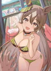Rule 34 | + +, 1girl, absurdres, animal ears, bikini, blurry, blurry background, breasts, brown eyes, brown hair, cleavage, clenched hand, collar, commentary request, ear ornament, filkia, frilled bikini, frills, green bikini, hair between eyes, hair ornament, highres, horse ears, horse girl, long hair, looking at viewer, medium breasts, multicolored hair, nervous sweating, open mouth, pointing, pool, pov, pov hands, satono diamond (umamusume), slide, solo focus, sparkle, streaked hair, sweat, swimsuit, umamusume, very long hair, water slide, white hair