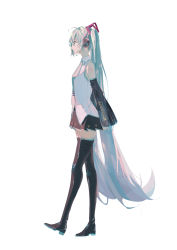 Rule 34 | 1girl, absurdres, arms behind back, black footwear, black skirt, black sleeves, blue eyes, boots, closed mouth, collared shirt, detached sleeves, dress shirt, from side, full body, grey necktie, hair ornament, hatsune miku, headphones, headset, highres, long hair, long sleeves, microphone, miniskirt, necktie, pleated skirt, profile, shirt, shoulder tattoo, silver hair, simple background, skirt, sleeveless, sleeveless shirt, smile, solo, tattoo, thigh boots, thighhighs, twintails, very long hair, vocaloid, white background, white shirt, wing collar, yoruake, zettai ryouiki
