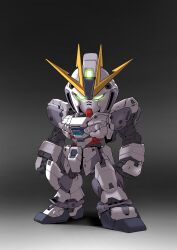 Rule 34 | absurdres, arms at sides, chibi, clenched hands, full body, glowing, glowing eyes, gradient background, green eyes, gundam, gundam narrative, highres, looking at viewer, making-of available, mecha, mobile suit, narrative gundam, no humans, robot, science fiction, sd gundam, shadow, solo, standing, v-fin, zakuma