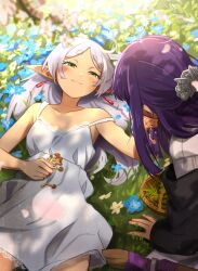 Rule 34 | 2girls, absurdres, bare arms, basket, blue flower, blush, breasts, dress, fern (sousou no frieren), flower, frieren, grass, green eyes, grey hair, half-closed eyes, highres, holding, holding mushroom, khyle., long hair, looking at another, lying, multiple girls, mushroom, off shoulder, on back, parted bangs, purple hair, shirt, small breasts, smile, sousou no frieren, staff, white dress