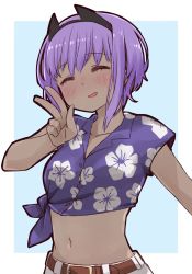 Rule 34 | 1girl, ^ ^, alternate costume, belt, belt buckle, blue background, blush, brown belt, buckle, closed eyes, collared shirt, dark skin, dark-skinned female, dress shirt, closed eyes, fate/prototype, fate/prototype: fragments of blue and silver, fate (series), floral print, hand up, hassan of serenity (fate), hawaiian shirt, i.u.y, midriff, navel, parted lips, print shirt, purple hair, purple shirt, shirt, shorts, sidelocks, smile, solo, tied shirt, two-tone background, v, white background, white shorts