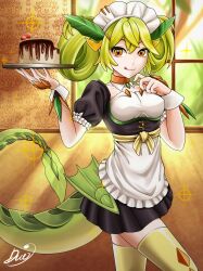 1girl absurdres apron black_dress breasts cake contrapposto detached_collar dragon_girl dragon_tail dress duel_monster dyuo food green_hair highres holding holding_tray maid_apron maid_headdress medium_breasts parlor_dragonmaid solo tail thighhighs tongue tongue_out tray twintails window yellow_eyes yu-gi-oh! zettai_ryouiki