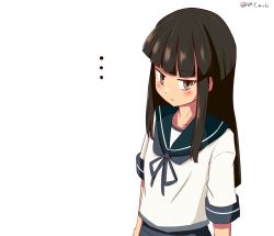 Rule 34 | ..., 1girl, black hair, blue neckerchief, blue sailor collar, blunt bangs, brown eyes, collared shirt, commentary request, hatsuyuki (kancolle), hime cut, kantai collection, long hair, looking at viewer, minmin (hmt michi), neckerchief, one-hour drawing challenge, sailor collar, school uniform, serafuku, shirt, simple background, solo, upper body, white background