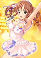 Rule 34 | 10s, 1girl, aonegi, armpits, blush, breasts, brown eyes, brown hair, cleavage, hair ornament, hair ribbon, highres, idolmaster, idolmaster cinderella girls, jewelry, large breasts, looking at viewer, necklace, pearl necklace, ribbon, smile, solo, star (symbol), star hair ornament, tiara, totoki airi, twintails, wireless