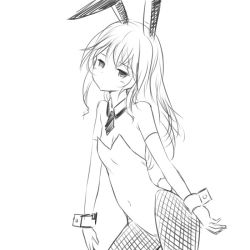 Rule 34 | 1girl, detached collar, flat chest, greyscale, leotard, lineart, long hair, looking at viewer, monochrome, pantyhose, playboy bunny, simple background, sketch, solo, white background, zaxwu
