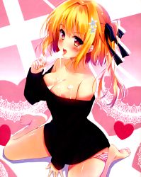 Rule 34 | 1girl, absurdres, bare shoulders, barefoot, blonde hair, blush, breasts, cleavage, collarbone, food, gradient eyes, hair ornament, hair ribbon, hayakawa harui, heart, highres, holding, multicolored eyes, naked sweater, open mouth, panties, panties around leg, popsicle, purple eyes, ribbon, scan, short hair, side ponytail, sitting, smile, solo, striped clothes, striped panties, sweater, underwear, wariza
