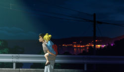 Rule 34 | 1boy, 1girl, blonde hair, carrying, carrying over shoulder, from side, night, original, outdoors, own hands together, piggyback, plant, short hair, sleeping, star (sky), technoheart