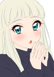 Rule 34 | 1girl, :o, absurdres, aikatsu!, aikatsu! (series), aqua eyes, black shirt, black sweater, blunt bangs, blush, close-up, fang, grey background, hands up, highres, long hair, long sleeves, looking at viewer, open mouth, own hands together, parted lips, portrait, sekina, shirt, simple background, sleeves past wrists, solo, steepled fingers, sweater, todo yurika, turtleneck, upper body, white background, white hair