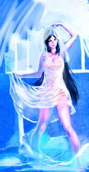 Rule 34 | 1girl, arm up, black hair, blue eyes, bow (bhp), breasts, clothes lift, dress, dress lift, highres, large breasts, long hair, original, see-through, solo, veil, very long hair