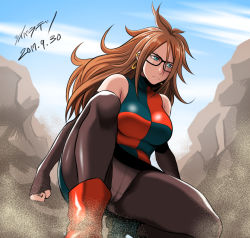 Rule 34 | &gt;:(, 1girl, android 21, bare shoulders, black-framed eyewear, black pantyhose, blue eyes, breasts, brown hair, closed mouth, curly hair, detached sleeves, dragon ball, dragon ball fighterz, dress, earrings, frown, glasses, hoop earrings, jewelry, large breasts, long hair, multicolored clothes, multicolored dress, panties, panties under pantyhose, pantyhose, shibusun, short dress, solo, underwear, v-shaped eyebrows