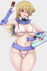 Rule 34 | 1girl, :o, belt, between fingers, bikini, blonde hair, blue belt, blue gloves, blush, breasts, card, detached collar, duel disk, fingerless gloves, gloves, highres, holding, holding card, large breasts, long hair, looking at viewer, micro bikini, open mouth, r-binon, simple background, solo, swimsuit, tenjouin asuka, v-shaped eyebrows, white background, yellow eyes, yu-gi-oh!, yu-gi-oh! duel monsters gx, yu-gi-oh! gx