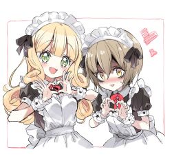 Rule 34 | 2girls, alternate costume, blonde hair, blush, breasts, brown hair, embarrassed, enmaided, green eyes, heart, heart hands, jashin-chan dropkick, long hair, looking at viewer, maid, maid headdress, multiple girls, official art, pekora (jashin-chan dropkick), poporon (jashin-chan dropkick), short hair, simple background, small breasts, smile, upper body, white background, yellow eyes, yukiwo