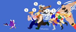 Rule 34 | 2girls, 4boys, absurdres, ahoge, airslasher, artist name, beard, black headwear, blue background, blue eyes, bracelet, braid, bun cover, cammy white, capcom, charlie nash, chest hair, chun-li, cosplay, crossover, dark-skinned male, dark skin, double bun, f.a.n.g, f.a.n.g (cosplay), facial hair, goose (untitled goose game), guile, highres, jewelry, mohawk, mouth hold, multiple boys, multiple girls, necktie, pantyhose, rashid (street fighter), running, simple background, sleeveless, speech bubble, spiked bracelet, spikes, spinning, street fighter, street fighter v, sunglasses, tattoo, twin braids, twintails, untitled goose game, zangief