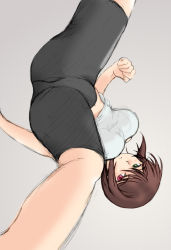 Rule 34 | 00s, 1girl, aged up, ass, bike shorts, breasts, brown hair, exercising, female focus, from below, gradient background, gymnastics, heterochromia, rozen maiden, short hair, sketch, solo, souseiseki