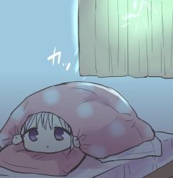 Rule 34 | 1girl, bed, chibi, closed mouth, commentary request, copyright request, curtains, fukuma333, indoors, lightning, pillow, pink hair, purple eyes, scared, solo, under covers
