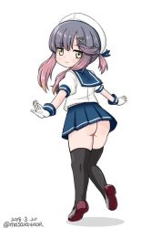 Rule 34 | 1girl, ass, black thighhighs, blue sailor collar, blue skirt, dated, from behind, full body, gloves, gradient hair, hat, kantai collection, long hair, looking at viewer, looking back, masara (chuujou), multicolored hair, no panties, outstretched arms, pleated skirt, purple eyes, purple hair, sailor collar, sailor hat, school uniform, serafuku, short hair, short sleeves, sidelocks, simple background, skirt, smile, solo, thighhighs, tsushima (kancolle), twitter username, white background, white gloves, white hat