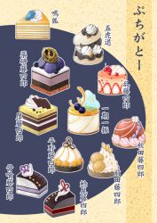 blue_background blueberry cake cake_slice character_name cherry commentary_request dessert flower food food_focus foodification fruit ice_cream icing kotori_popo outline strawberry strawberry_slice touken_ranbu translation_request two-tone_background white_flower white_outline yellow_background