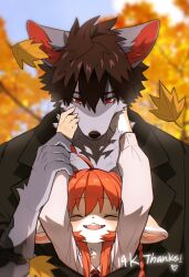 Rule 34 | 1boy, 1girl, animal ears, arm tattoo, arms up, autumn, autumn leaves, black jacket, blue sky, body fur, brown hair, claws, closed eyes, collared shirt, falling leaves, fangs, fish7163, fox ears, fox girl, furry, furry female, furry male, grey fur, hair between eyes, hand up, hands on another&#039;s cheeks, hands on another&#039;s face, highres, holding another&#039;s arm, jacket, jacket on shoulders, leaf, long hair, long sleeves, looking at another, looking down, open mouth, orange background, orange hair, original, outdoors, shirt, short hair, sky, tattoo, upper body, wolf, wolf boy, wolf ears