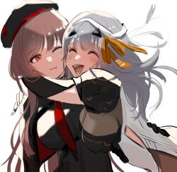 Rule 34 | 2girls, :d, armor, bandaged head, bandages, beret, black headwear, black jacket, blush, bodysuit, booosde, breasts, cleavage, closed eyes, closed mouth, cropped jacket, goddess of victory: nikke, grey hair, hair ribbon, hat, highres, hug, jacket, large breasts, light brown hair, long hair, modernia (nikke), multiple girls, necktie, open mouth, orange eyes, rapi (nikke), red jacket, red necktie, ribbon, see-through, see-through cleavage, shoulder armor, sidelocks, smile, two-sided fabric, two-sided jacket, yellow ribbon