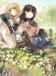 Rule 34 | 1boy, 1girl, 1other, :/, :d, armor, bad id, bad pixiv id, belt, blonde hair, blush, book, brown eyes, brown hair, building, head rest, closed mouth, collarbone, day, dress, fairy, fang, fence, flower, grass, green hair, halo, hands on another&#039;s shoulders, hands on own head, hat, holding, holding book, kazutake hazano, kneeling, long hair, open book, open mouth, outdoors, overalls, pink eyes, pink hair, shoes, short hair, sitting, smile, tree, ubau mono ubawareru mono, white dress, white wings, wings, yellow eyes