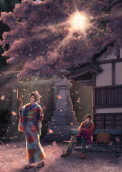 Rule 34 | 1boy, 1girl, artist name, backlighting, bench, black hair, brown footwear, brown hair, cherry blossoms, crossed arms, floral print, highres, hitohinoto, jacket, japanese clothes, kimono, one eye closed, original, pants, red jacket, sandals, scenery, shrine, sitting, standing, stone lantern, suitcase, torii, yukata