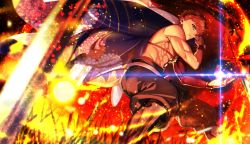 Rule 34 | 1boy, akemori, blurry, cowboy shot, depth of field, embers, emiya shirou, fate/grand order, fate (series), field of blades, fire, floral print, glowing, highres, limited/zero over, male focus, orange eyes, pants, pants tucked in, planted, planted sword, planted weapon, red hair, senji muramasa (fate), solo, sword, toned, toned male, weapon, wristband