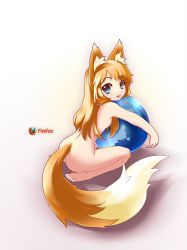 Rule 34 | 1girl, animal ears, ass, begonia, blonde hair, blue eyes, female focus, fox ears, fox tail, long hair, looking at viewer, mozilla firefox, nude, personification, sitting, solo, tail, toes, wariza