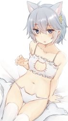 Rule 34 | ahoge, animal ear fluff, animal ears, bare arms, bare shoulders, bed sheet, bra, breasts, cat cutout, cat ear panties, cat ears, cat lingerie, cleavage cutout, clothing cutout, collarbone, frilled bra, frills, gluteal fold, grey eyes, grey hair, hair between eyes, hair ornament, highres, looking at viewer, meme attire, nagami yuu, navel, no shoes, original, panties, parted lips, side-tie panties, sitting, small breasts, solo, thigh gap, thighhighs, underwear, underwear only, white bra, white panties, white thighhighs