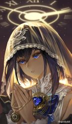 Rule 34 | 1girl, black hair, blue bow, blue bowtie, blue eyes, bow, bowtie, dress, female focus, hair between eyes, halo, hands up, heart, highres, hololive, hololive english, looking away, ouro kronii, own hands together, parted lips, pocket watch, praying, roman numeral, santafe99, see-through, short hair, solo, twitter username, upper body, veil, virtual youtuber, watch, white dress