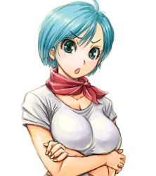 Rule 34 | 10s, 1girl, amania orz, blue hair, breasts, bulma, crossed arms, dragon ball, dragon ball super, female focus, green eyes, large breasts, looking at viewer, open mouth, serious, shiny skin, shirt, short hair, short sleeves, solo, upper body, white background, white shirt