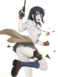 Rule 34 | 1girl, absurdres, ass, black hair, blue socks, brown eyes, clothes around waist, commission, coppelion, fingerless gloves, gloves, gun, handgun, highres, holster, kneehighs, loafers, long hair, looking back, luger p08, miniskirt, naruse ibara, necktie, open mouth, panties, pantyshot, qosic, school uniform, second-party source, shirt, shoes, simple background, skirt, sleeves rolled up, smile, socks, solo, standing, standing on one leg, thigh holster, torn clothes, torn necktie, underwear, weapon, white background, white panties, white shirt
