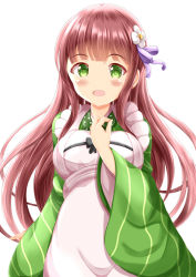 Rule 34 | 1girl, :d, ama usa an uniform, apron, blush, breasts, brown hair, commentary request, flower, frilled apron, frills, gochuumon wa usagi desu ka?, green eyes, green kimono, hair flower, hair ornament, hair ribbon, hand up, highres, japanese clothes, kimono, long hair, looking at viewer, medium breasts, open mouth, purple ribbon, ribbon, simple background, smile, solo, ujimatsu chiya, uniform, very long hair, waitress, white apron, white background, white flower, xenon (for achieve)
