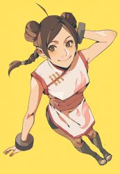Rule 34 | 1girl, bayneezone, bike shorts, bracelet, brown eyes, brown hair, chinese clothes, double bun, fishnets, jewelry, naruto: the last, naruto (series), simple background, solo, tenten (naruto), yellow background