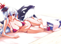 Rule 34 | 1girl, alternate costume, arm support, bare shoulders, bikini, blue hair, blush, breasts, can, cleavage, curvy, drink can, feet, female focus, hat, inflatable toy, kamishirasawa keine, large breasts, long hair, looking at viewer, lying, on side, oohira sansetto, oohira sunset, red bikini, red eyes, soda can, solo, swimsuit, touhou, whale