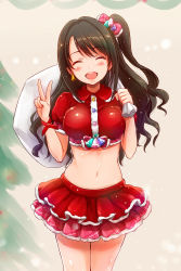 Rule 34 | 10s, 1girl, :d, adapted costume, alternate color, bell, bell earrings, blush, brown hair, christmas, closed eyes, commentary request, crop top, earrings, hair ribbon, highres, idolmaster, idolmaster cinderella girls, jewelry, long hair, midriff, navel, open mouth, puffy short sleeves, puffy sleeves, reco (fortunequest), ribbon, sack, santa costume, shimamura uzuki, shiny skin, short sleeves, side ponytail, skirt, smile, solo, v