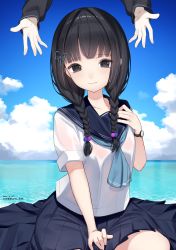 Rule 34 | 1girl, amemori sayo, black eyes, black hair, black skirt, blue neckwear, blue ribbon, blue sailor collar, blue sky, blush, braid, breasts, closed mouth, cloud, dated, day, hair bobbles, hair intakes, hair ornament, hair over shoulder, hair ribbon, hand up, highres, hirota fruit, horizon, kudou chitose, long hair, long sleeves, looking at viewer, low twintails, nijisanji, ocean, outdoors, pleated skirt, ribbon, sailor collar, shirt, short sleeves, skirt, sky, small breasts, smile, solo focus, twin braids, twintails, twitter username, virtual youtuber, watch, water, white shirt, wristwatch