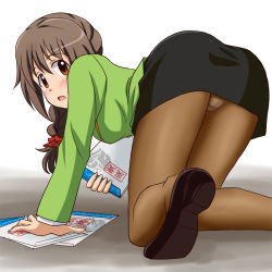 Rule 34 | 1girl, :o, all fours, ass, black footwear, black skirt, blush, braid, brown eyes, brown hair, brown pantyhose, commentary request, crotch seam, from behind, green jacket, hair over shoulder, holding, idolmaster, idolmaster cinderella girls, jacket, lielos, loafers, long hair, long sleeves, looking at viewer, looking back, miniskirt, open mouth, panties, panties under pantyhose, pantyhose, pencil skirt, scrunchie, senkawa chihiro, shoes, single braid, skirt, solo, underwear