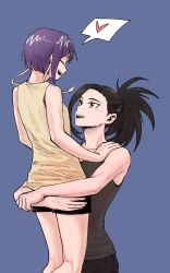 Rule 34 | 2girls, audio jack, black eyes, black hair, black shorts, black tank top, blue background, boku no hero academia, carrying, carrying person, closed eyes, hands on another&#039;s shoulders, heart, highres, jirou kyouka, korean commentary, long earlobes, looking at another, mixed-language commentary, multiple girls, ponytail, purple hair, short hair, shorts, smile, spoken heart, tank top, vvvmung, yaoyorozu momo, yellow tank top, yuri