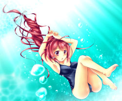 Rule 34 | 10s, 1girl, armpits, bare legs, barefoot, bubble, feet, freediving, hair ribbon, i-168 (kancolle), kantai collection, linzsan, long hair, one-piece swimsuit, personification, pink eyes, pink hair, ponytail, red eyes, red hair, ribbon, school swimsuit, solo, swimming, swimsuit, underwater