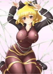 Rule 34 | 1girl, arms up, bad id, bad pixiv id, blonde hair, blush, bow, breasts, collarbone, female focus, hair bow, kurodani yamame, large breasts, looking at viewer, red eyes, shin&#039;en (gyokuro company), silk, solo, spider web, touhou