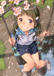 Rule 34 | 1girl, adidas, black hair, blurry, blurry foreground, blush, brown eyes, cherry blossoms, day, grin, gym uniform, highres, looking at viewer, original, outdoors, pairan, puddle, short shorts, shorts, smile, solo, swing, tears, twintails